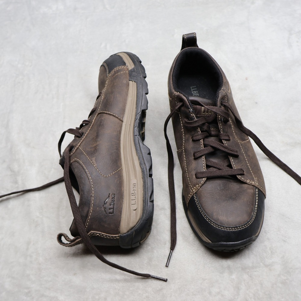 LL Bean Mens 8 Wide Hiking Shoes Brown Leather Low Top All-Terrain Traction